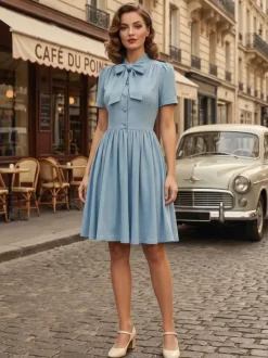 Vintage 1950s Midi Swing Tea Dress for Women - Bow Neck Short Sleeve Fit and Flare Rockabilly Gown - Garden Party 2026