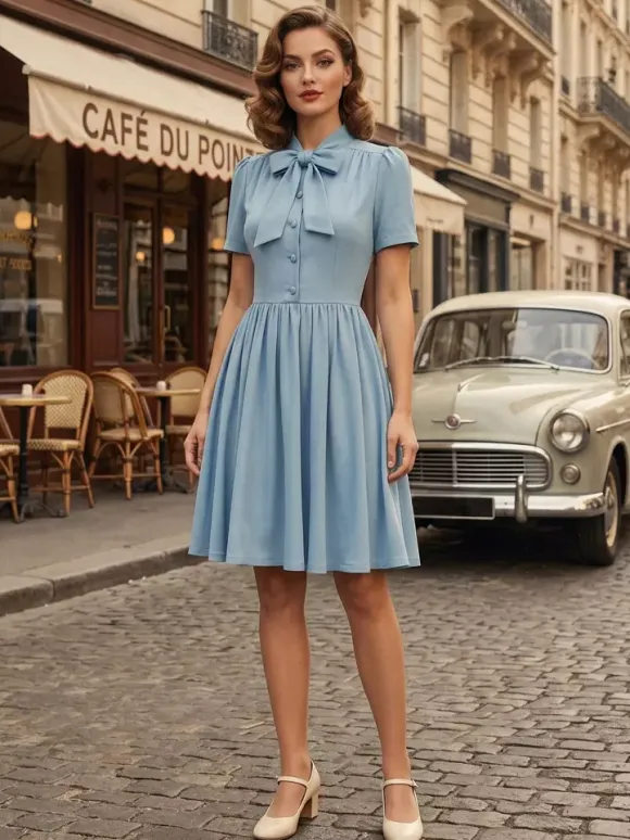 Vintage 1950s Midi Swing Tea Dress for Women - Bow Neck Short Sleeve Fit and Flare Rockabilly Gown - Garden Party 2026