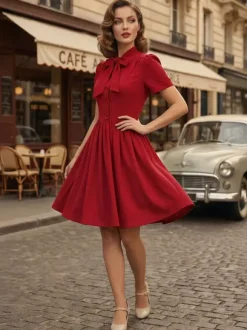 Vintage 1950s Midi Swing Tea Dress for Women - Bow Neck Short Sleeve Fit and Flare Rockabilly Gown - Garden Party 2026