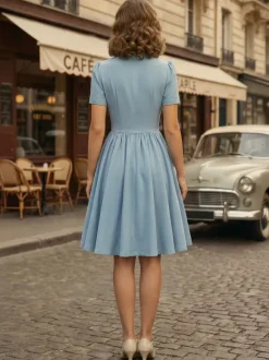Vintage 1950s Midi Swing Tea Dress for Women - Bow Neck Short Sleeve Fit and Flare Rockabilly Gown - Garden Party 2026