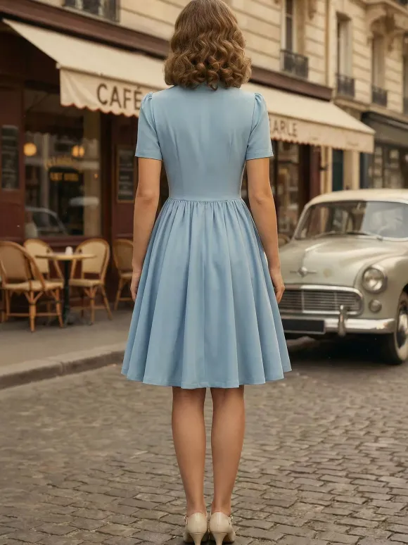 Vintage 1950s Midi Swing Tea Dress for Women - Bow Neck Short Sleeve Fit and Flare Rockabilly Gown - Garden Party 2026