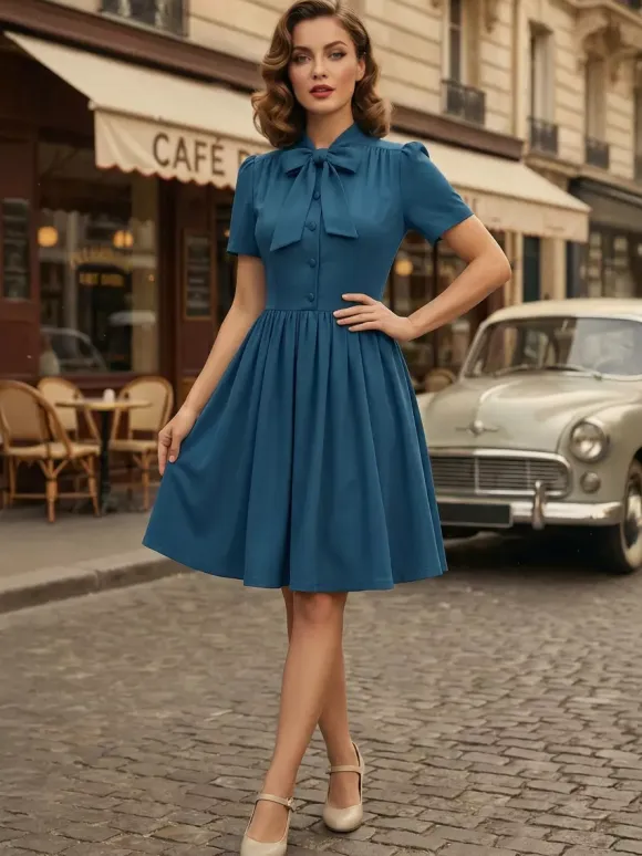 Vintage 1950s Midi Swing Tea Dress for Women - Bow Neck Short Sleeve Fit and Flare Rockabilly Gown - Garden Party 2026