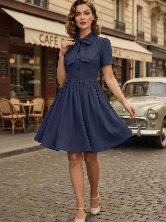 Vintage 1950s Midi Swing Tea Dress for Women - Bow Neck Short Sleeve Fit and Flare Rockabilly Gown - Garden Party 2026
