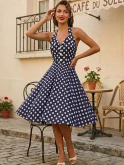 Vintage 1950s Polka Dot Midi Swing Dress for Women - Halter Neck A-Line Rockabilly Pinup Sun Dress - Holiday Picnic 2026