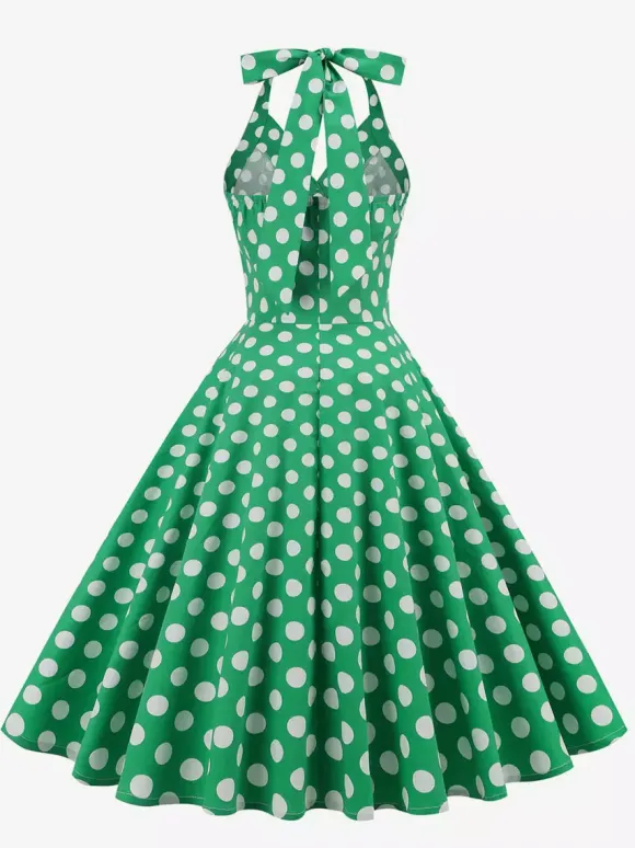 Vintage 1950s Polka Dot Midi Swing Dress for Women - Halter Neck A-Line Rockabilly Pinup Sun Dress - Holiday Picnic 2026