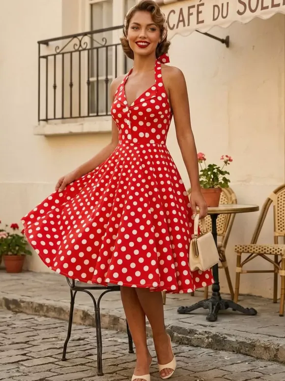 Vintage 1950s Polka Dot Midi Swing Dress for Women - Halter Neck A-Line Rockabilly Pinup Sun Dress - Holiday Picnic 2026