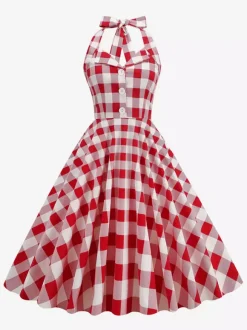 Vintage 1950s Polka Dot Midi Swing Dress for Women - Halter Neck A-Line Rockabilly Pinup Sun Dress - Holiday Picnic 2026