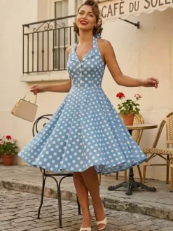 Vintage 1950s Polka Dot Midi Swing Dress for Women - Halter Neck A-Line Rockabilly Pinup Sun Dress - Holiday Picnic 2026