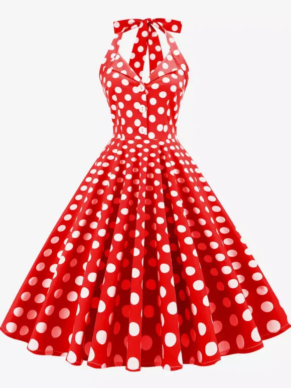 Vintage 1950s Polka Dot Midi Swing Dress for Women - Halter Neck A-Line Rockabilly Pinup Sun Dress - Holiday Picnic 2026