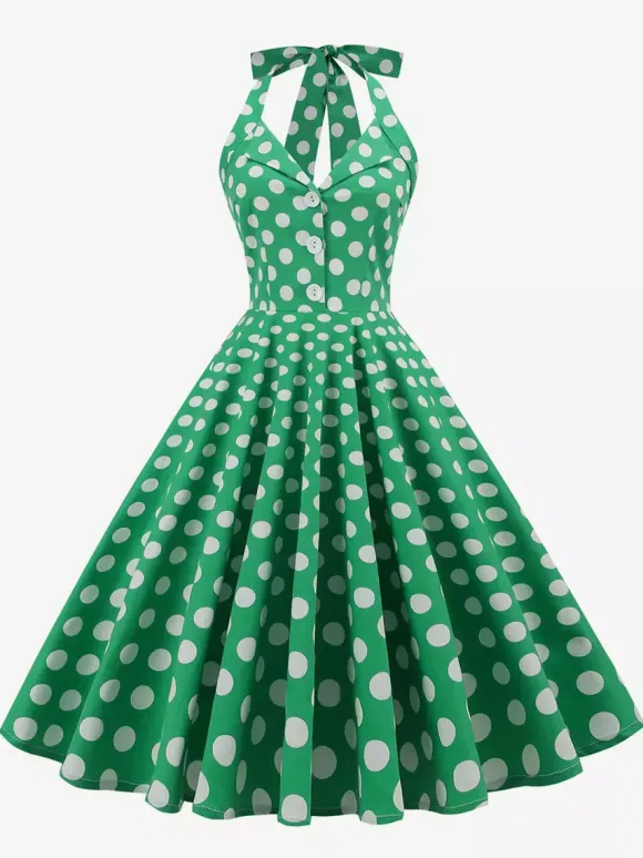 Vintage 1950s Polka Dot Midi Swing Dress for Women - Halter Neck A-Line Rockabilly Pinup Sun Dress - Holiday Picnic 2026