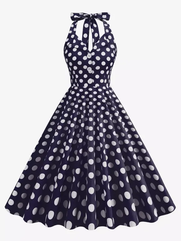 Vintage 1950s Polka Dot Midi Swing Dress for Women - Halter Neck A-Line Rockabilly Pinup Sun Dress - Holiday Picnic 2026