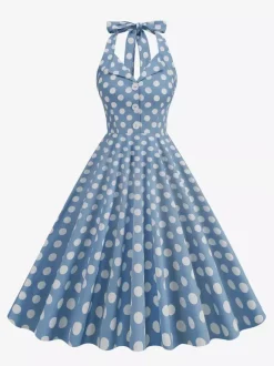 Vintage 1950s Polka Dot Midi Swing Dress for Women - Halter Neck A-Line Rockabilly Pinup Sun Dress - Holiday Picnic 2026