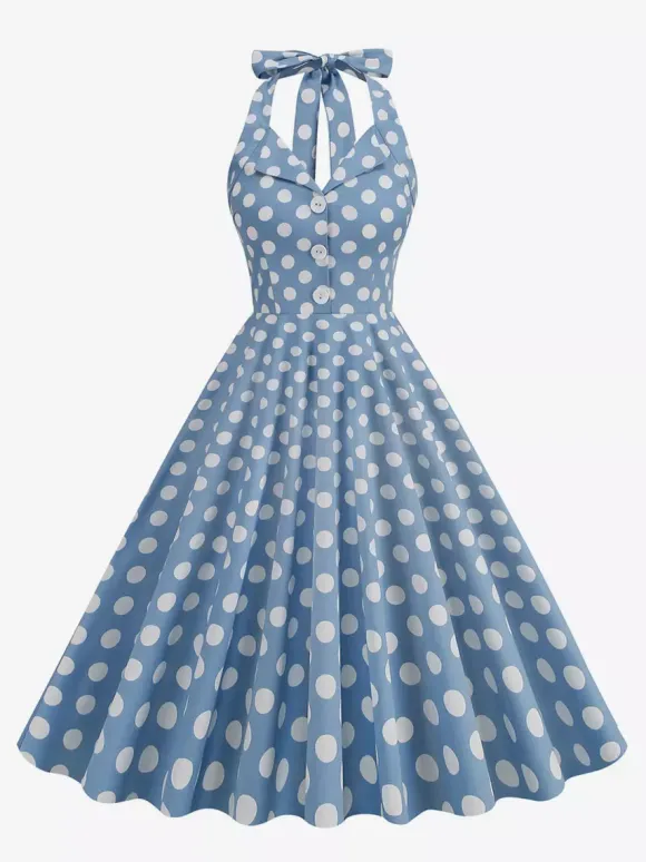 Vintage 1950s Polka Dot Midi Swing Dress for Women - Halter Neck A-Line Rockabilly Pinup Sun Dress - Holiday Picnic 2026