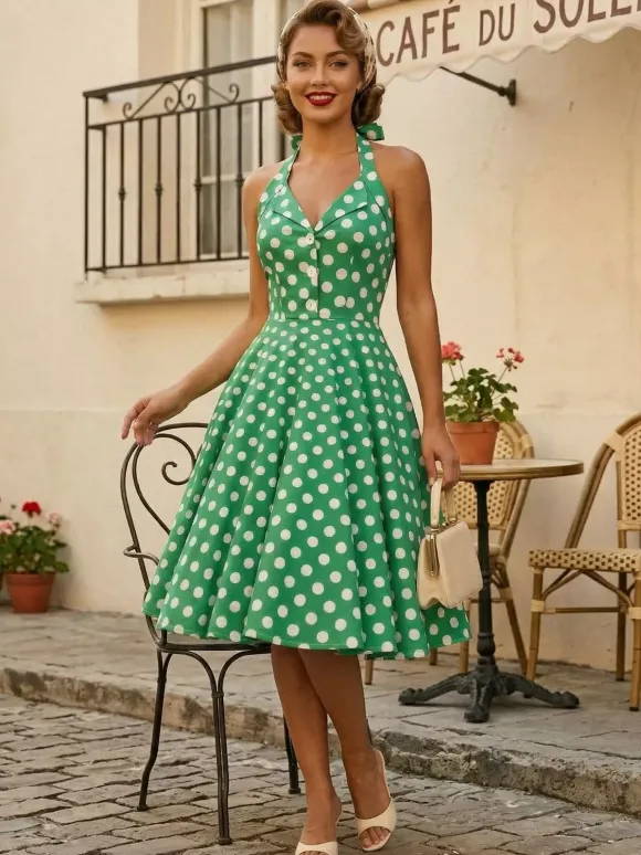 Vintage 1950s Polka Dot Midi Swing Dress for Women - Halter Neck A-Line Rockabilly Pinup Sun Dress - Holiday Picnic 2026