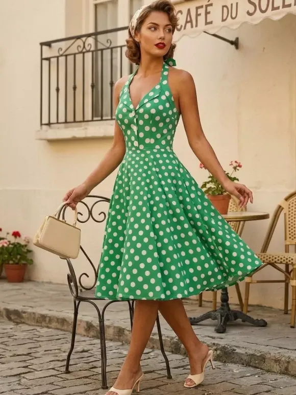Vintage 1950s Polka Dot Midi Swing Dress for Women - Halter Neck A-Line Rockabilly Pinup Sun Dress - Holiday Picnic 2026