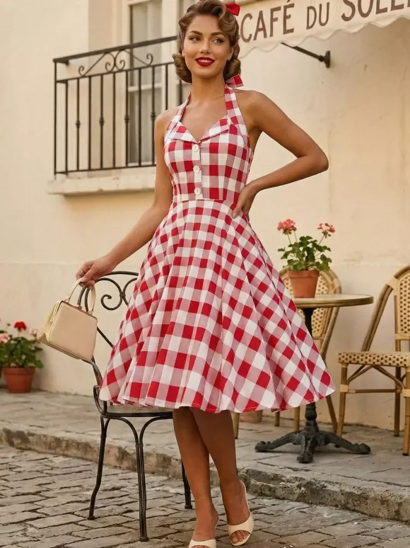Vintage 1950s Polka Dot Midi Swing Dress for Women - Halter Neck A-Line Rockabilly Pinup Sun Dress - Holiday Picnic 2026