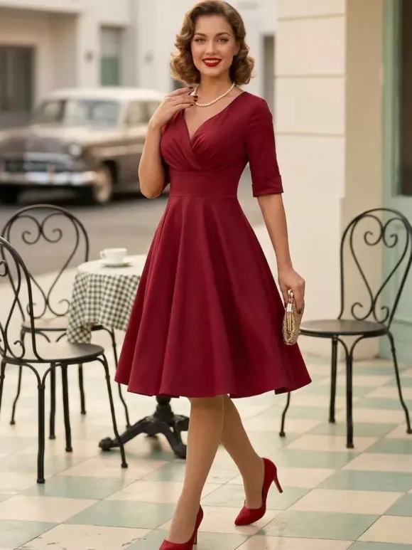 Vintage 1950s Swing Cocktail Dress for Women - V Neck Short Sleeve A-Line Ruched Bust Rockabilly Midi Gown - Wedding Guest 2026