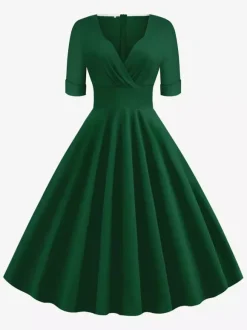 Vintage 1950s Swing Cocktail Dress for Women - V Neck Short Sleeve A-Line Ruched Bust Rockabilly Midi Gown - Wedding Guest 2026
