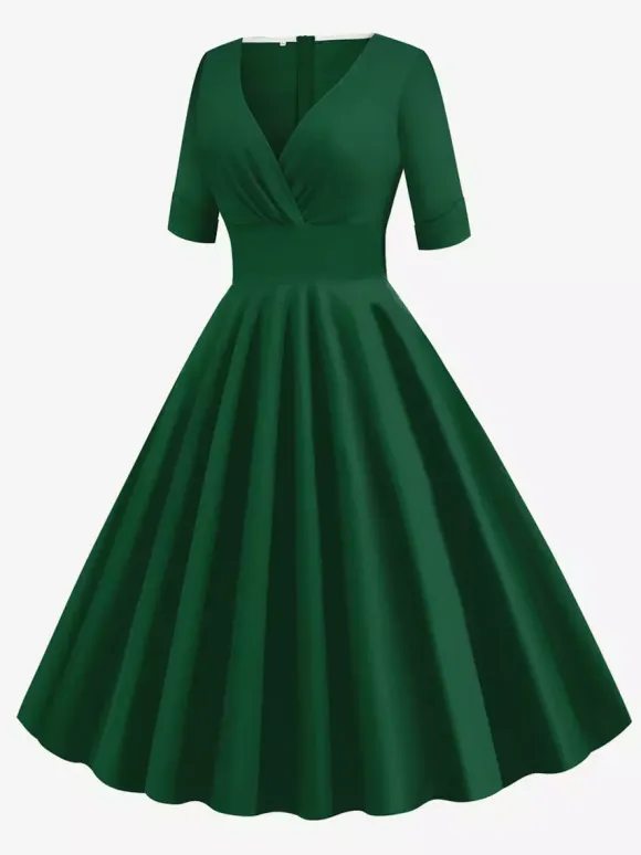 Vintage 1950s Swing Cocktail Dress for Women - V Neck Short Sleeve A-Line Ruched Bust Rockabilly Midi Gown - Wedding Guest 2026