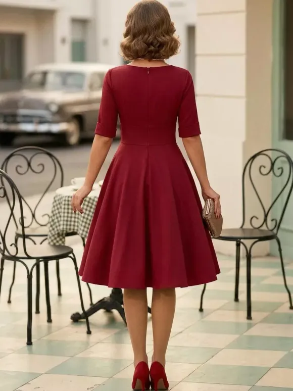 Vintage 1950s Swing Cocktail Dress for Women - V Neck Short Sleeve A-Line Ruched Bust Rockabilly Midi Gown - Wedding Guest 2026