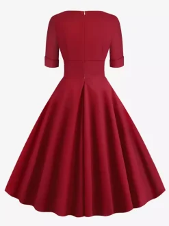 Vintage 1950s Swing Cocktail Dress for Women - V Neck Short Sleeve A-Line Ruched Bust Rockabilly Midi Gown - Wedding Guest 2026