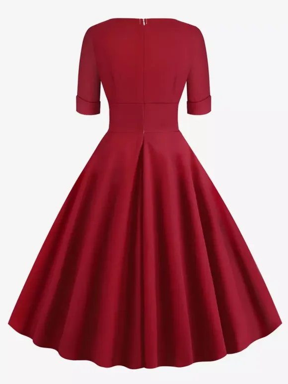 Vintage 1950s Swing Cocktail Dress for Women - V Neck Short Sleeve A-Line Ruched Bust Rockabilly Midi Gown - Wedding Guest 2026