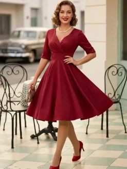 Vintage 1950s Swing Cocktail Dress for Women - V Neck Short Sleeve A-Line Ruched Bust Rockabilly Midi Gown - Wedding Guest 2026