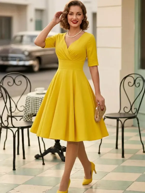 Vintage 1950s Swing Cocktail Dress for Women - V Neck Short Sleeve A-Line Ruched Bust Rockabilly Midi Gown - Wedding Guest 2026
