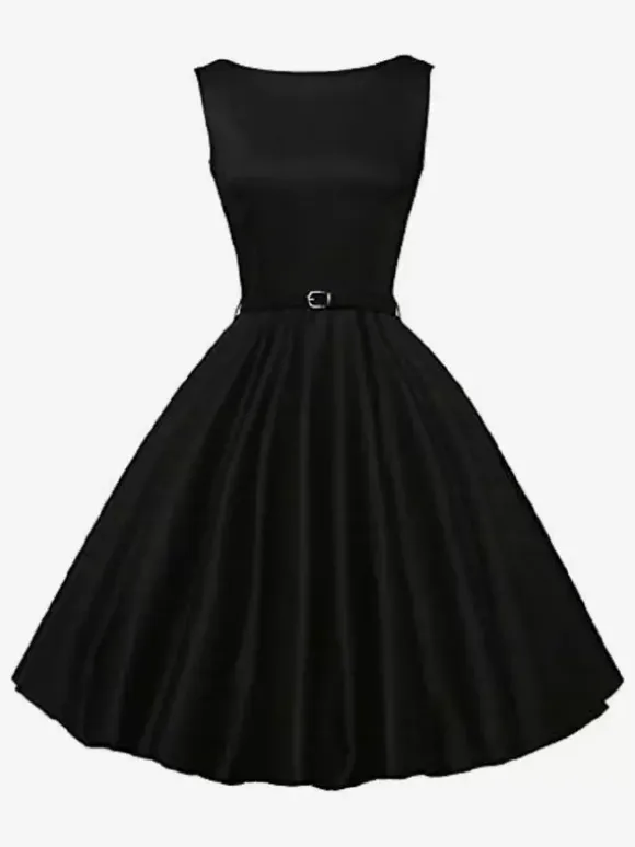Vintage 1950s Swing Cocktail Dress Women - Sleeveless Boat Neck A-Line Belted Audery Style Midi Gown - Wedding Guest 2026