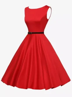 Vintage 1950s Swing Cocktail Dress Women - Sleeveless Boat Neck A-Line Belted Audery Style Midi Gown - Wedding Guest 2026