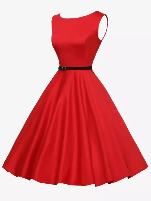 Vintage 1950s Swing Cocktail Dress Women - Sleeveless Boat Neck A-Line Belted Audery Style Midi Gown - Wedding Guest 2026