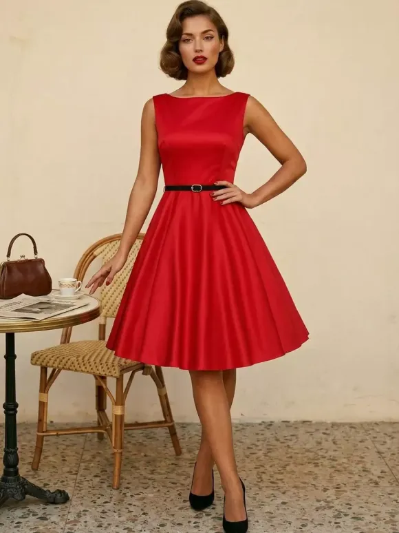 Vintage 1950s Swing Cocktail Dress Women - Sleeveless Boat Neck A-Line Belted Audery Style Midi Gown - Wedding Guest 2026