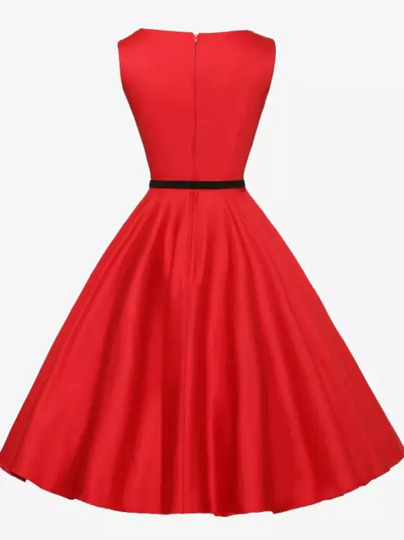 Vintage 1950s Swing Cocktail Dress Women - Sleeveless Boat Neck A-Line Belted Audery Style Midi Gown - Wedding Guest 2026