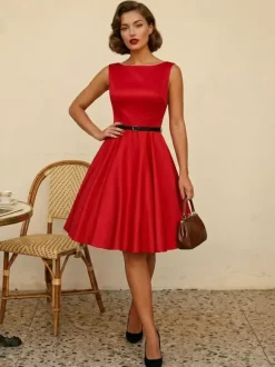 Vintage 1950s Swing Cocktail Dress Women - Sleeveless Boat Neck A-Line Belted Audery Style Midi Gown - Wedding Guest 2026
