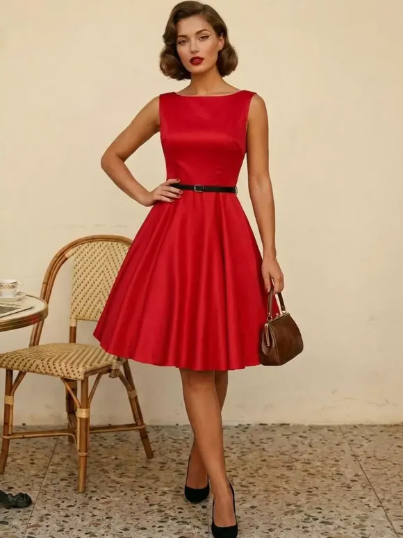 Vintage 1950s Swing Cocktail Dress Women - Sleeveless Boat Neck A-Line Belted Audery Style Midi Gown - Wedding Guest 2026