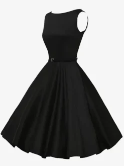 Vintage 1950s Swing Cocktail Dress Women - Sleeveless Boat Neck A-Line Belted Audery Style Midi Gown - Wedding Guest 2026