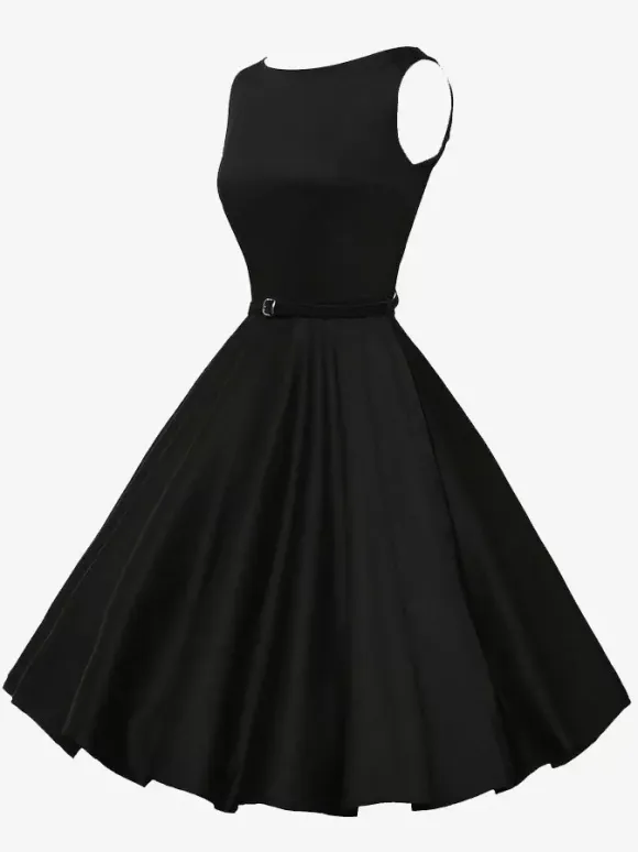 Vintage 1950s Swing Cocktail Dress Women - Sleeveless Boat Neck A-Line Belted Audery Style Midi Gown - Wedding Guest 2026