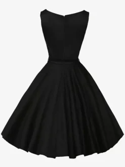 Vintage 1950s Swing Cocktail Dress Women - Sleeveless Boat Neck A-Line Belted Audery Style Midi Gown - Wedding Guest 2026