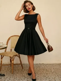 Vintage 1950s Swing Cocktail Dress Women - Sleeveless Boat Neck A-Line Belted Audery Style Midi Gown - Wedding Guest 2026