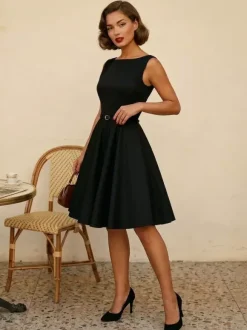 Vintage 1950s Swing Cocktail Dress Women - Sleeveless Boat Neck A-Line Belted Audery Style Midi Gown - Wedding Guest 2026