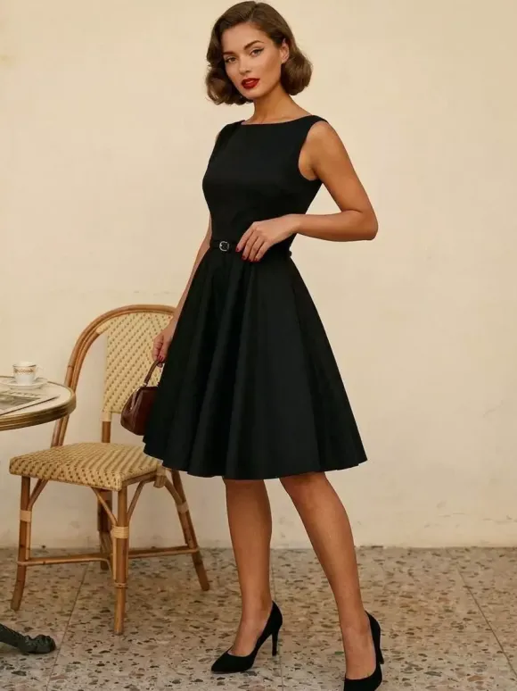 Vintage 1950s Swing Cocktail Dress Women - Sleeveless Boat Neck A-Line Belted Audery Style Midi Gown - Wedding Guest 2026