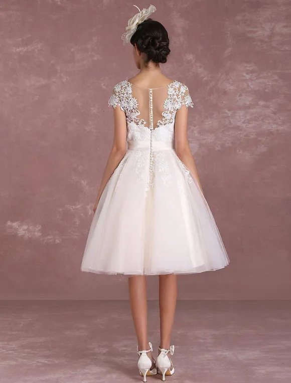 Vintage Short Wedding Dresses Lace Applique Bridal Gown Illusion Bow Sash Bridal Dress Free Customization