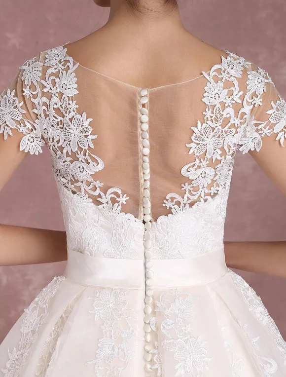 Vintage Short Wedding Dresses Lace Applique Bridal Gown Illusion Bow Sash Bridal Dress Free Customization