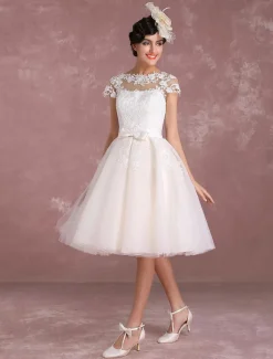 Vintage Short Wedding Dresses Lace Applique Bridal Gown Illusion Bow Sash Bridal Dress Free Customization