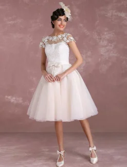 Vintage Short Wedding Dresses Lace Applique Bridal Gown Illusion Bow Sash Bridal Dress Free Customization