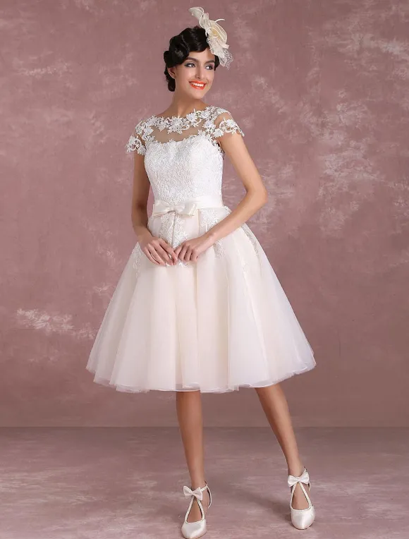 Vintage Short Wedding Dresses Lace Applique Bridal Gown Illusion Bow Sash Bridal Dress Free Customization