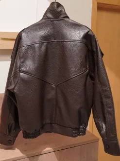 Vintage Solid Black Brown Faux Leather Bomber Relaxed Elastic Waist Hem Jacket