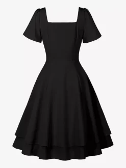 Vintage Square-Neck Midi Dress In Black For Summer 2026