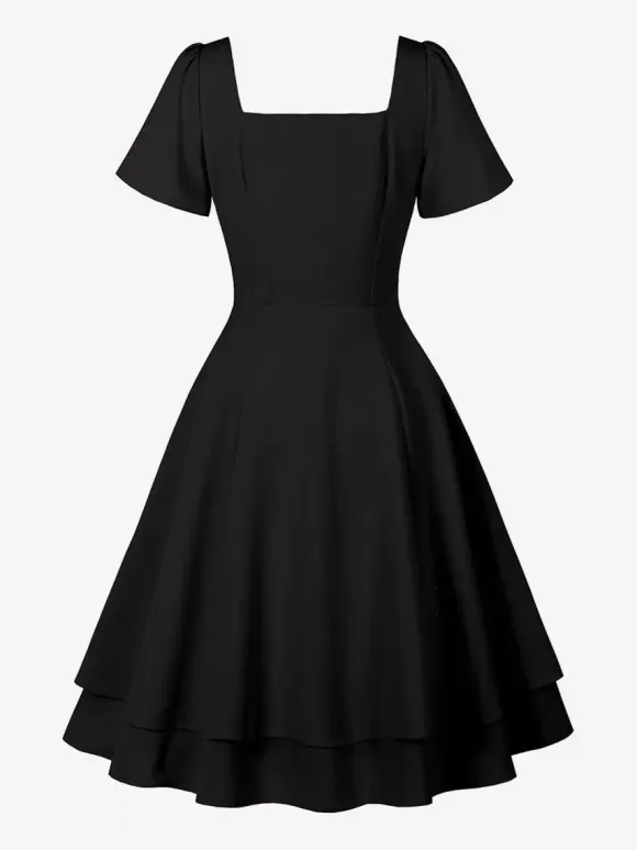 Vintage Square-Neck Midi Dress In Black For Summer 2026