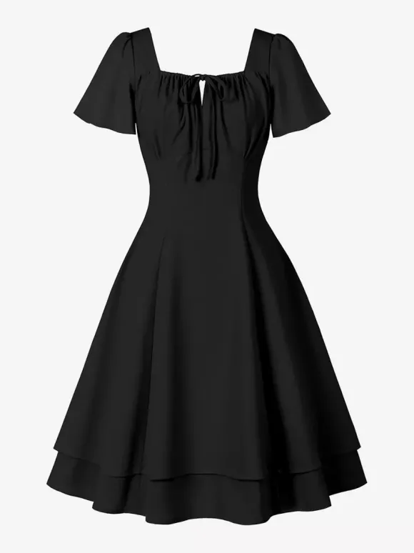 Vintage Square-Neck Midi Dress In Black For Summer 2026